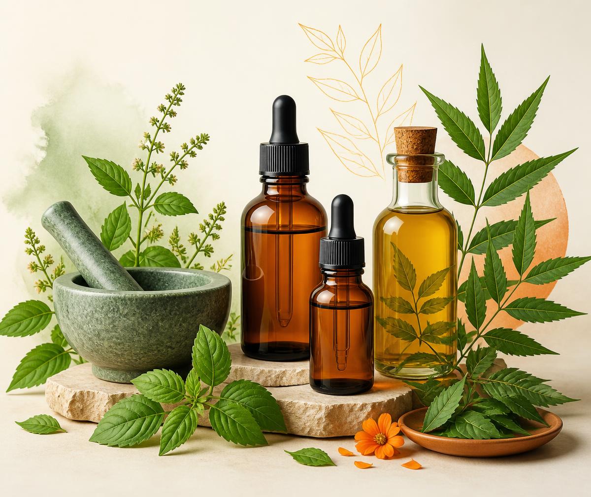 Vedyantra herbal wellness products with fresh medicinal leaves